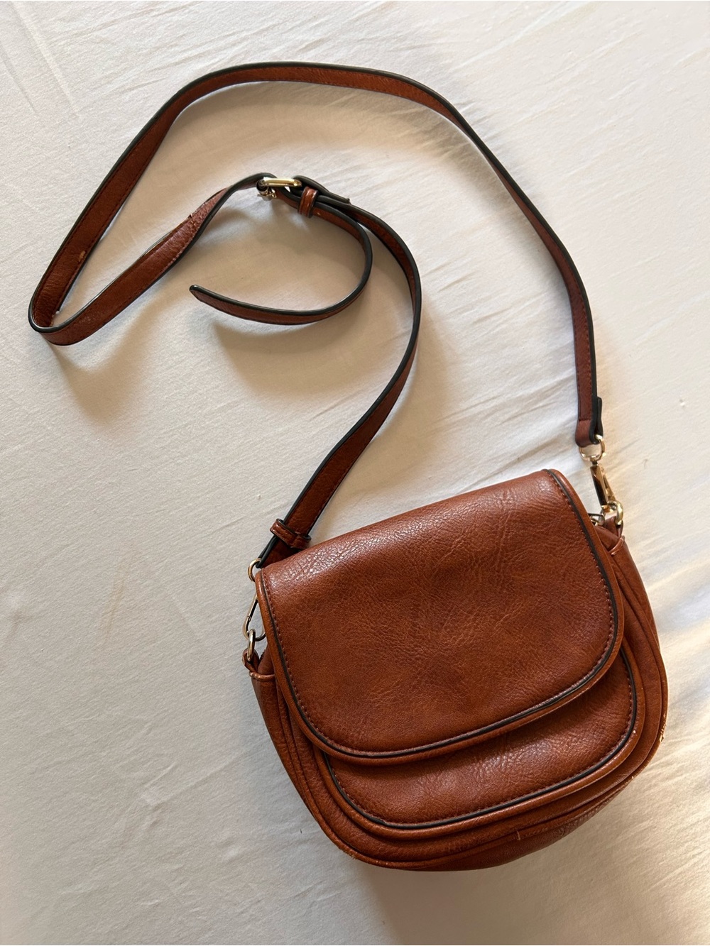 Madison West Cognac Faux Leather Crossbody Saddle Bag Adjustable Strap